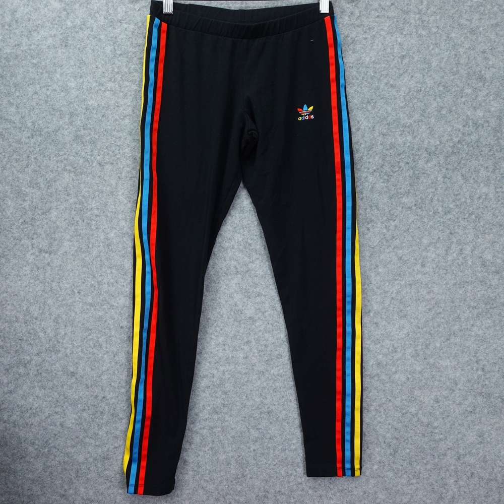 Rainbow Stripe Leggings Womens M Black Trefoil Stretch Performance Adidas 27x27